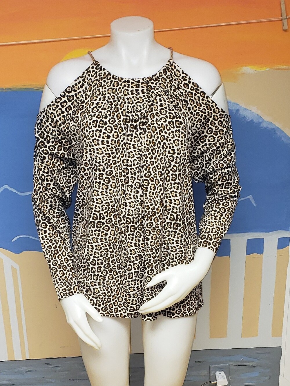 Michael Kors Leopard Cold-Shoulder Long Sleeve Shirt - Beige/Brown/Black